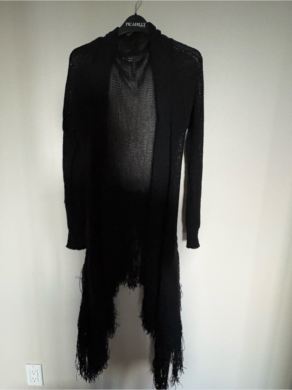 BCbG Max Azria Black Open-Front Fringe Duster Cardigan